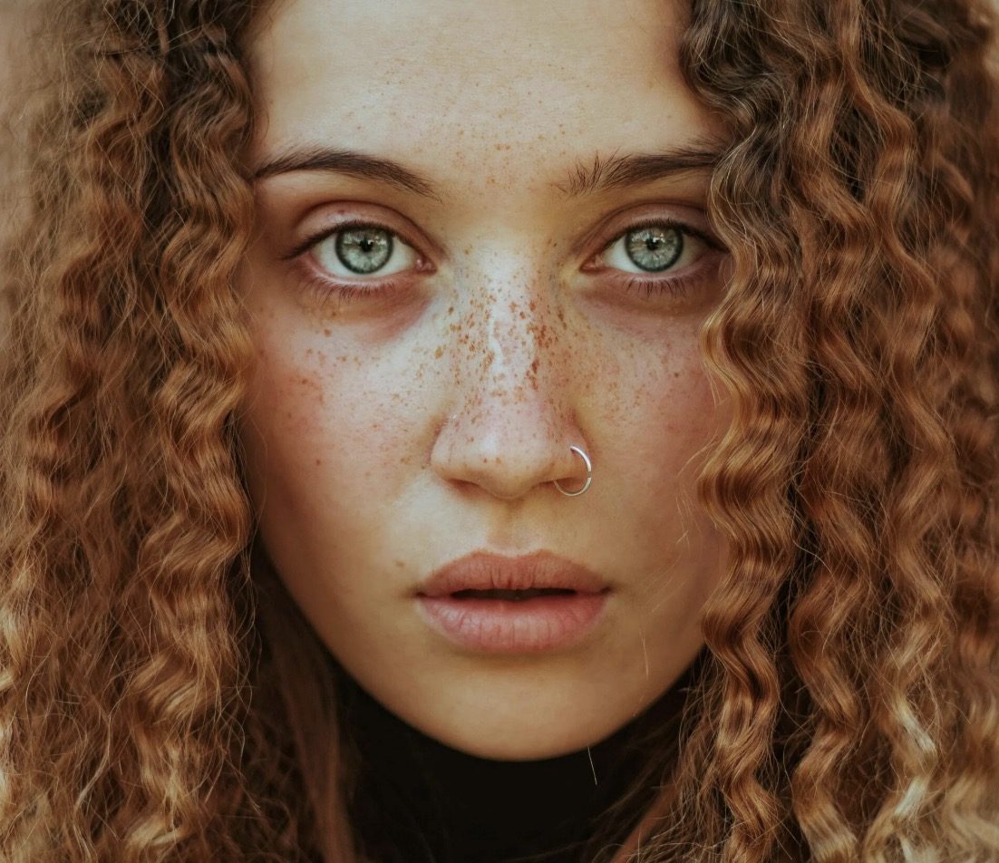 Portret van een vrouw met krullen en sproetjes op neus en wangen