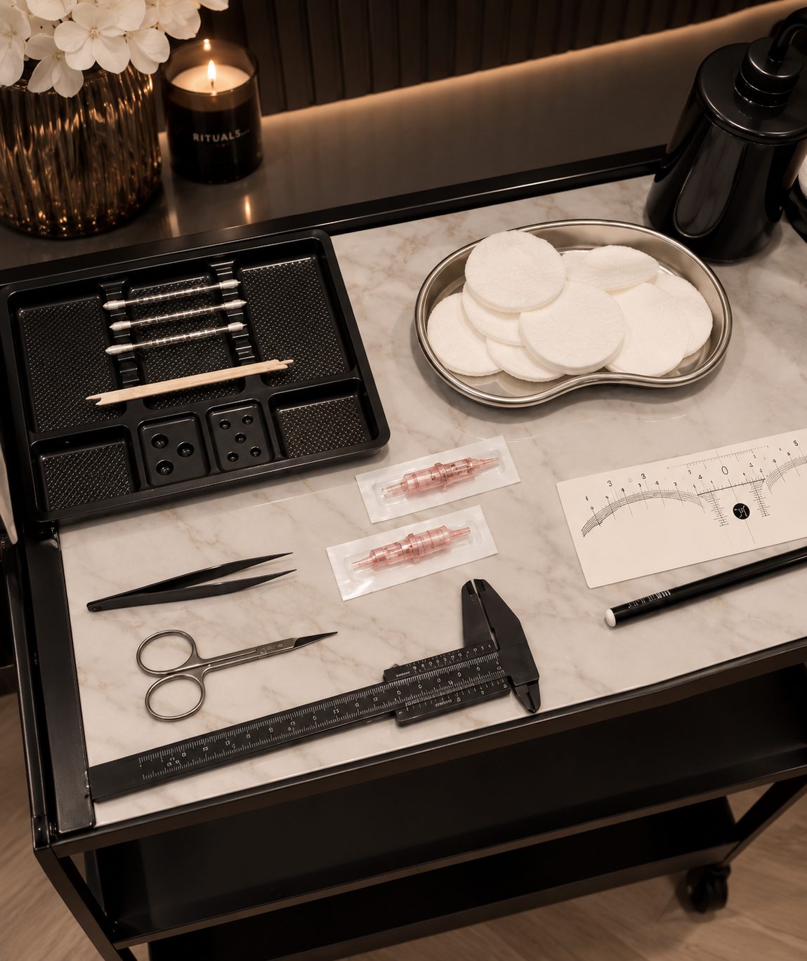 Behandeltafel met steriele naalden, schuifmaat, meetlint en pincet